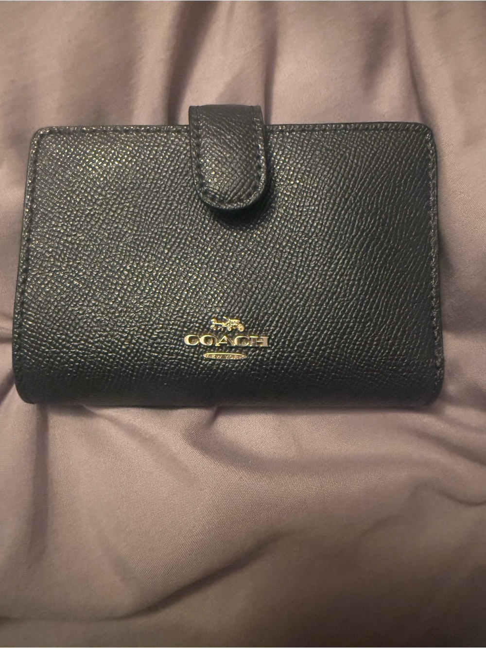 Coach Navy Blue Pebbled Leather Snap Wallet with Gold Logo